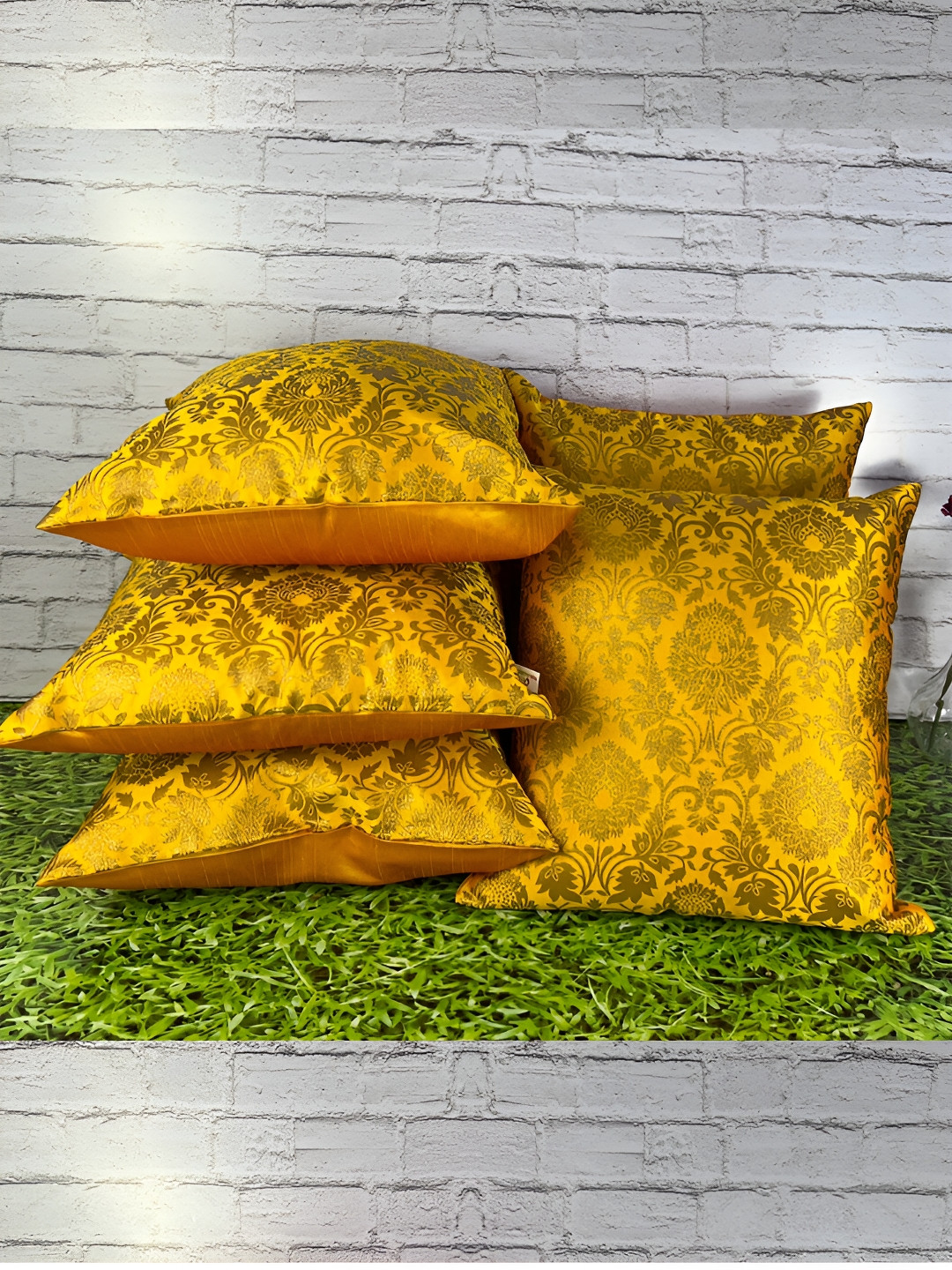 Pink Parrot Yellow & Gold Toned 5 Pcs Floral Jacquard Silk Square Cushion Covers