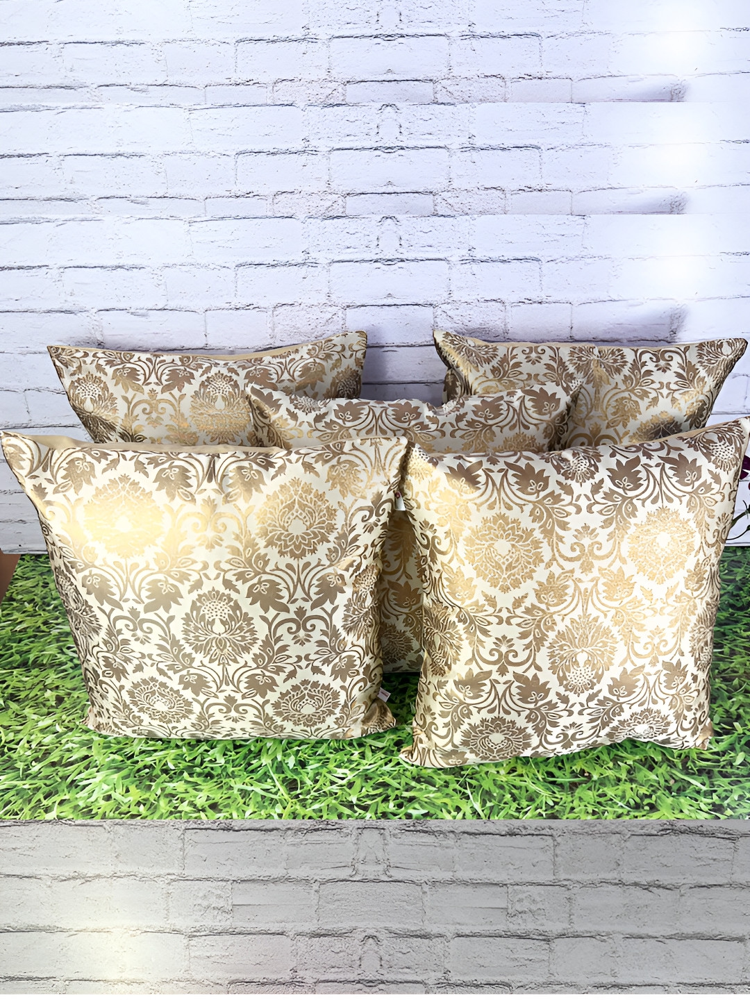 Pink Parrot White & Beige 5 Pcs Floral Jacquard Silk Square Cushion Covers