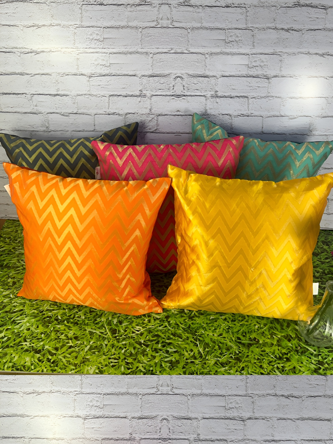 Pink Parrot Geometric Jacquard Silk Washable 5 Pcs Zari Square Cushion Covers -16x16In