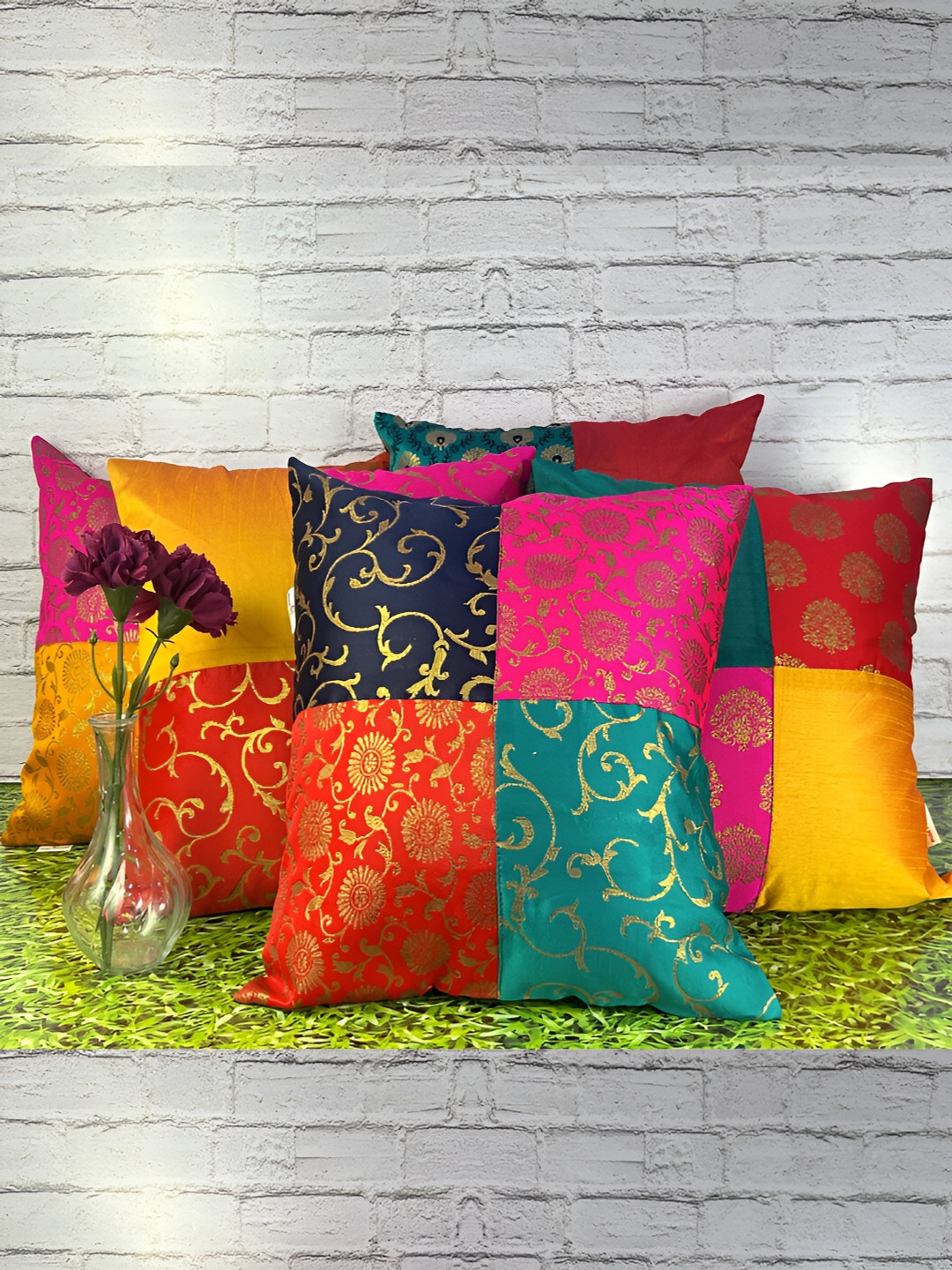 Pink Parrot Pink Floral Jacquard Silk Washable 5 Piece Zari Square Cushion Covers -16x16In