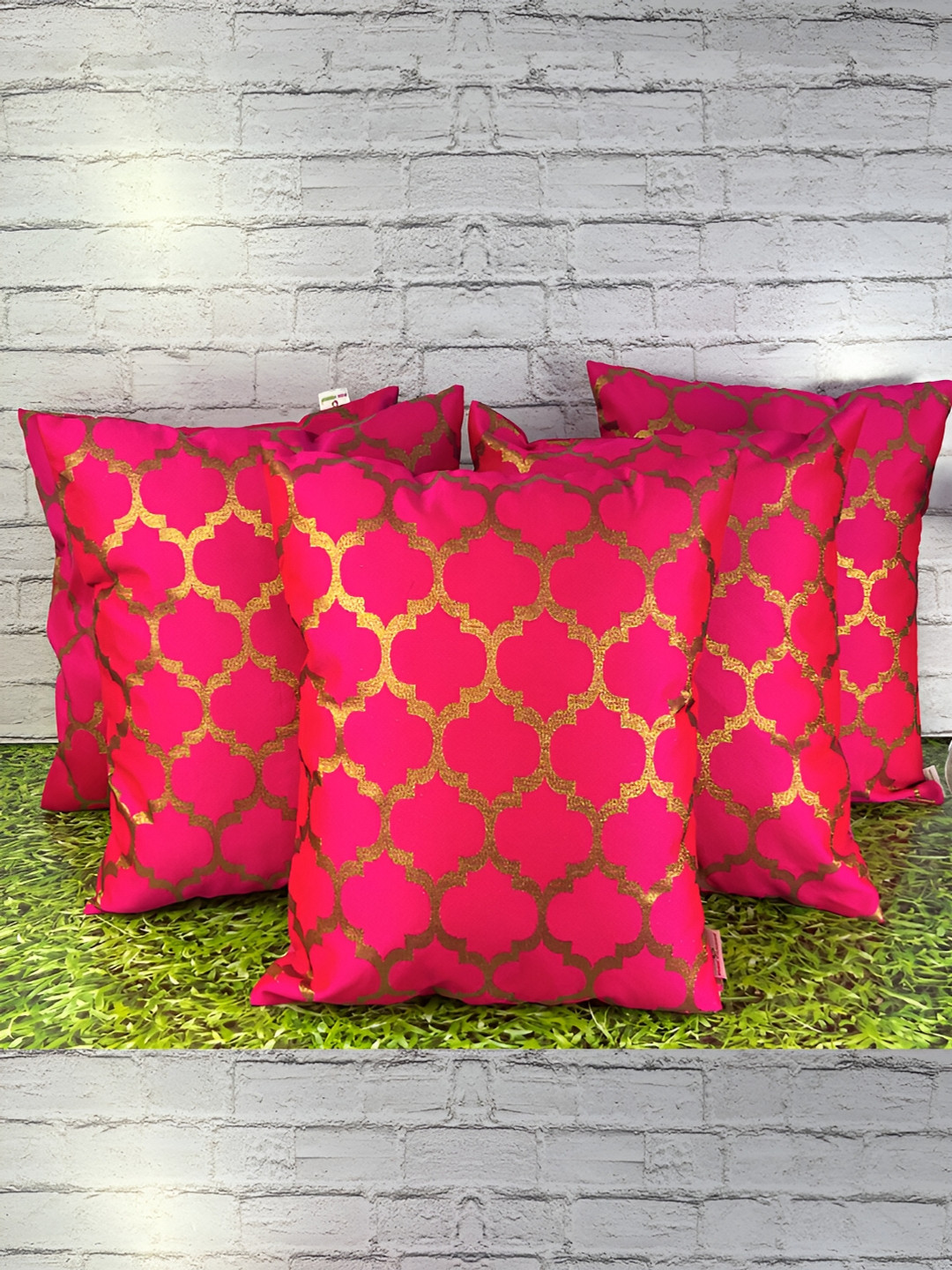 Pink Parrot Geometric Jacquard Breathable 5 Pcs Zari Cushion Covers - 15.7 x 15.7 Inches