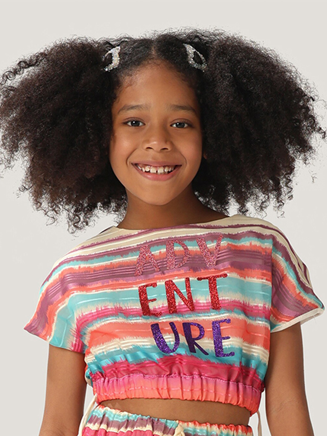 One Friday Girls Horizontal Striped Extended Sleeves Tie-Ups Pure Cotton Crop Top