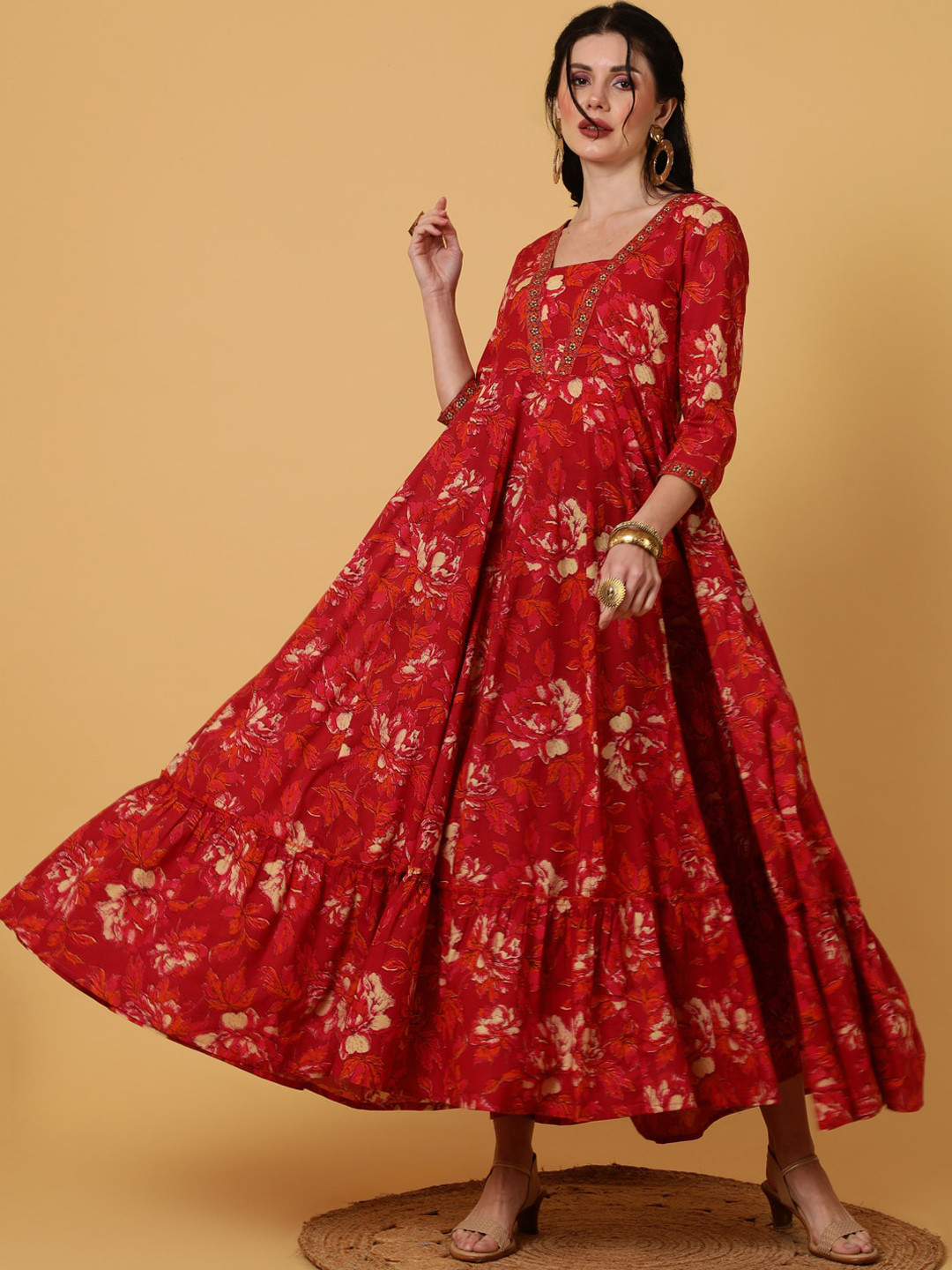 KIMAYRA Floral Printed Round Neck Square Neck Cotton Fit & Flare Ethnic Maxi Dress