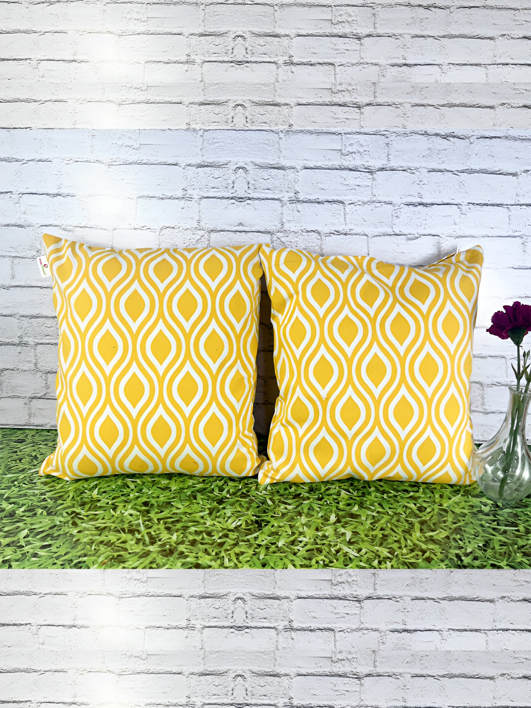 Pink Parrot Printed Yellow Geometric Polyester Silk Washable 2 Pcs Cushion Covers -16x16In