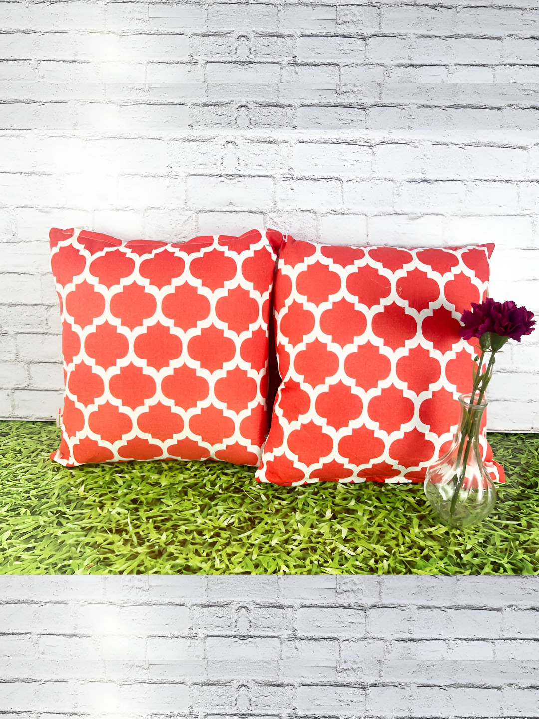 Pink Parrot Orange Geometric Polycotton Washable 2 Piece Square Cushion Covers -16x16In