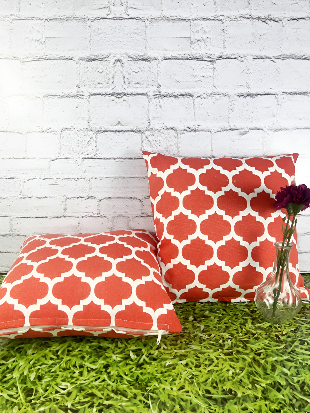 Pink Parrot Red & White 2 Pieces Geometric Printed Square Cushion Covers