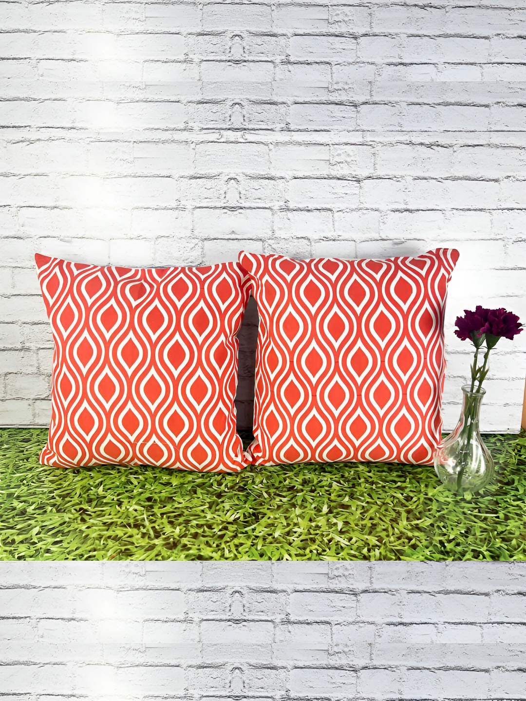 Pink Parrot Red & White 2 Pieces Geometric Printed Square Cushion Covers