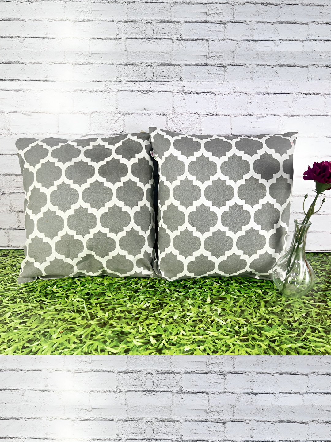 Pink Parrot Grey & White 2 Pieces Geometric Printed Square Cushion Covers