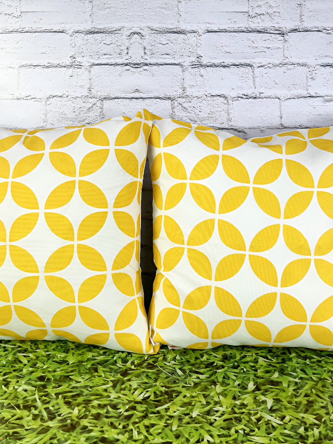 Pink Parrot Yellow & White 2 Pieces Geometric Printed Square Cushion Covers