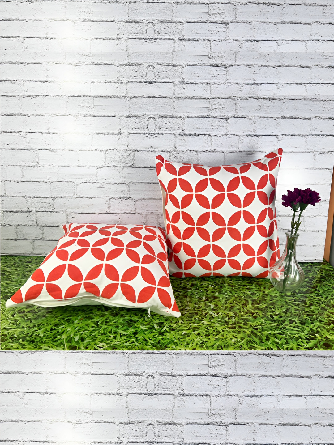 Pink Parrot Red & White 2 Pieces Geometric Printed Square Cushion Covers