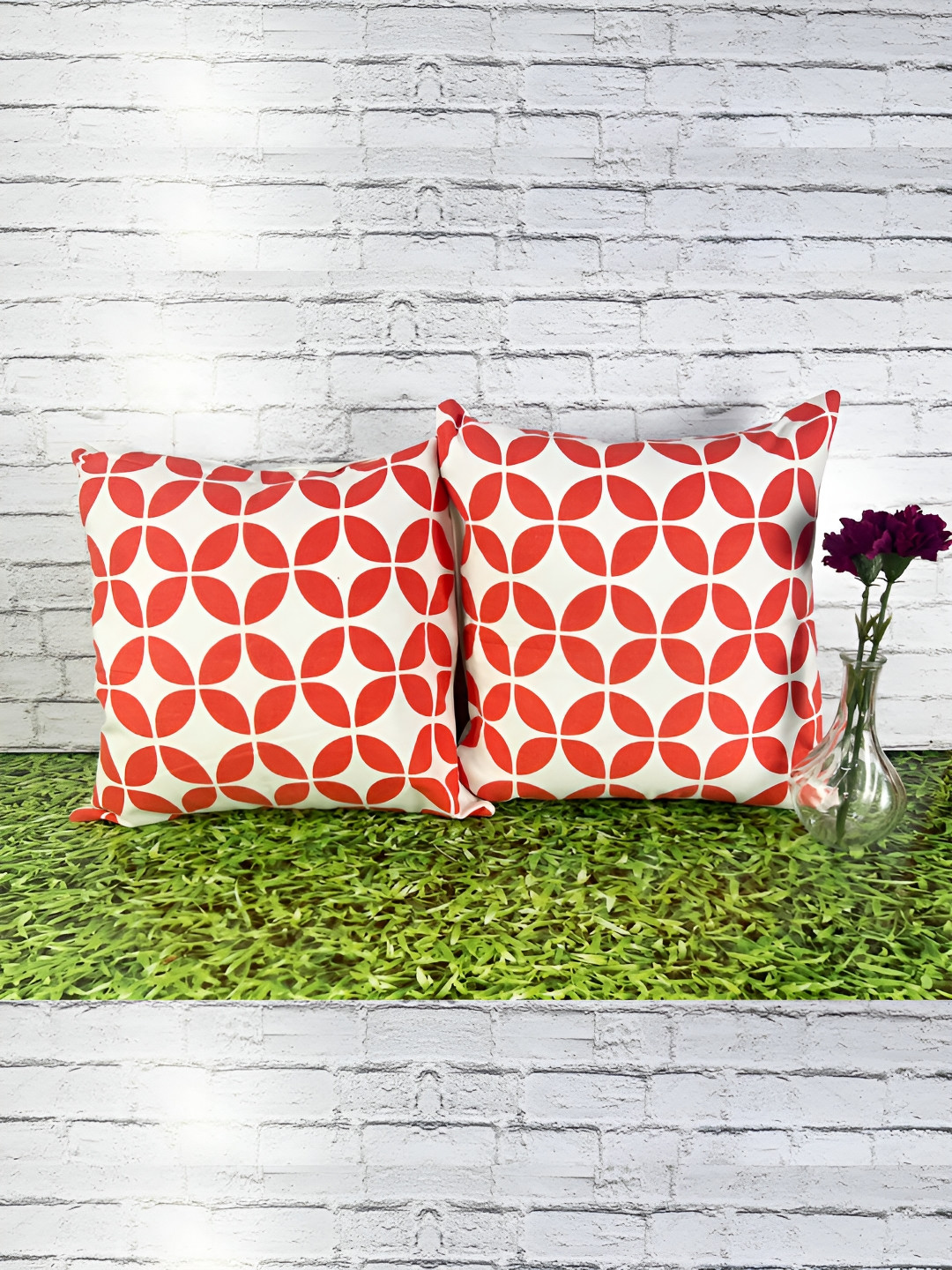 Pink Parrot Red & White 2 Pieces Geometric Square Cushion Covers