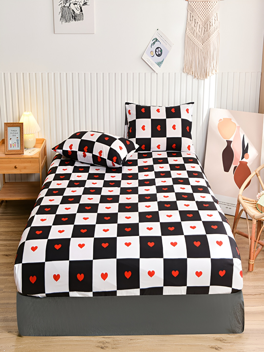 JC HOME Jaipuri Print White Geometric Polycotton 140 TC Fitted King Bedsheet with 2 Pillow Covers-87 x 79 inches