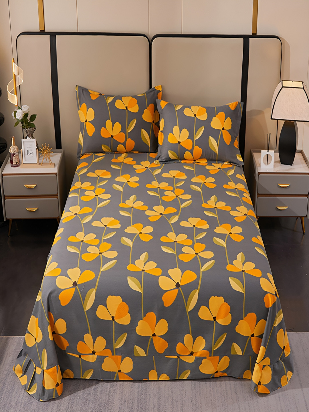 JC HOME Texture Grey Floral Cotton 220 TC King Fine Bedsheet with 2 Pillow Covers-96 x 98 inches