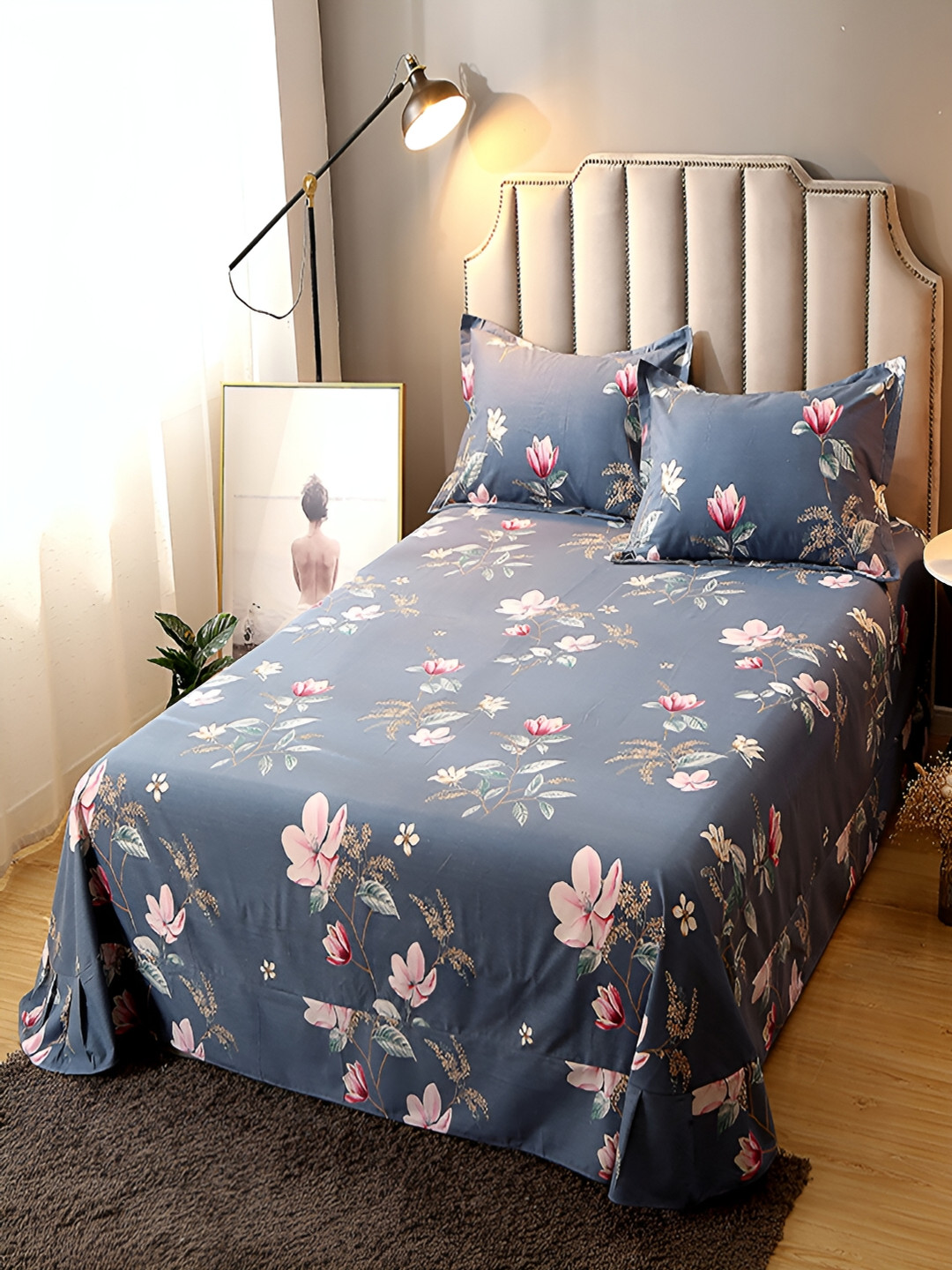 JC HOME Royal Majestic Grey Floral Cotton 230 TC King Fine Bedsheet with 2 Pillow Covers-106 x 98 inches