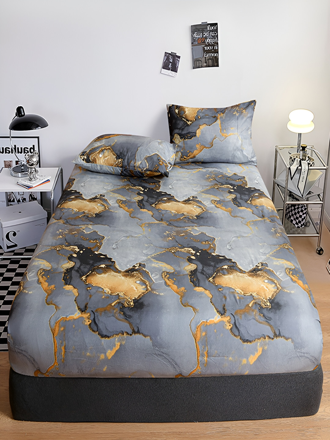 JC HOME Fitted_Maple_Dbs Grey Abstract Polycotton 140 TC Fitted King Bedsheet with 2 Pillow Covers-71 x 79 inches