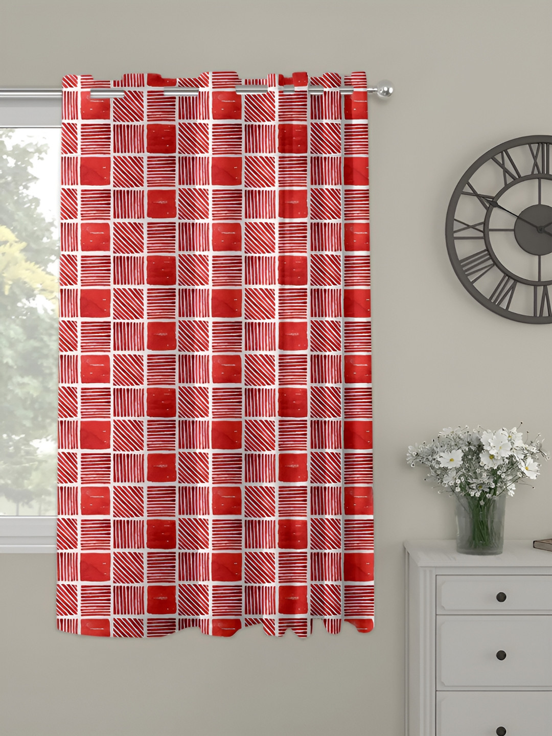 OASIS Red and White Geometric Printed Window Curtain