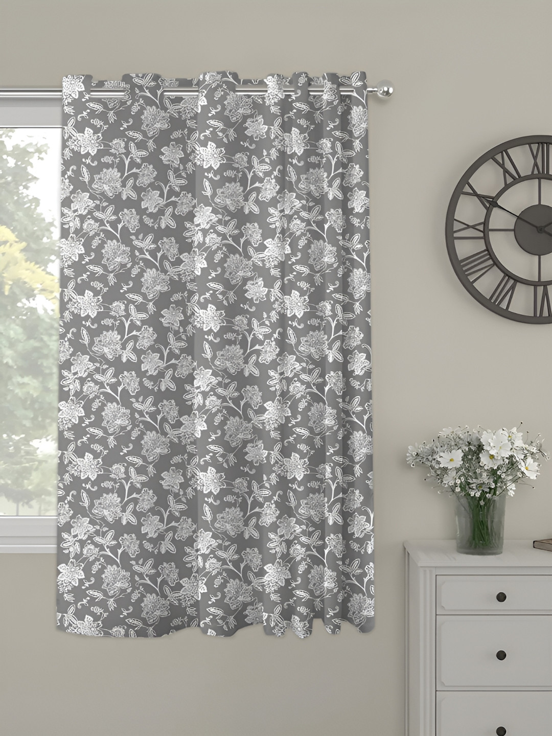 OASIS Grey and White Floral Printed Window Curtain