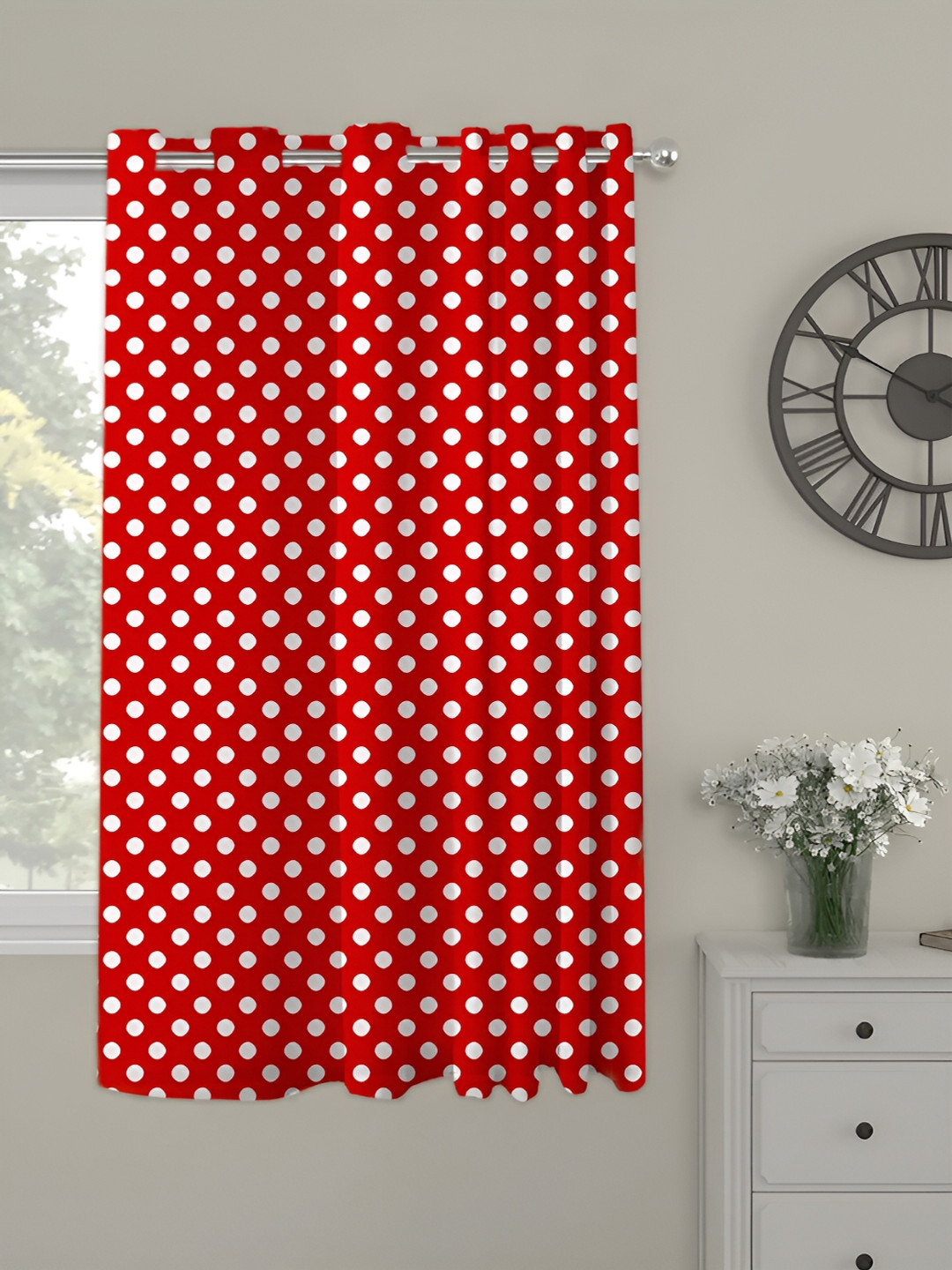 OASIS Red and White Geometric Printed Window Curtain