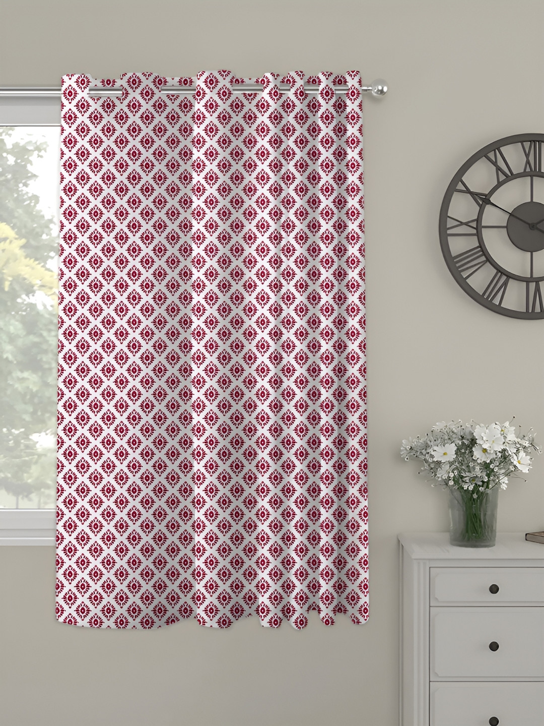 OASIS Red and White Geometric Printed Window Curtain