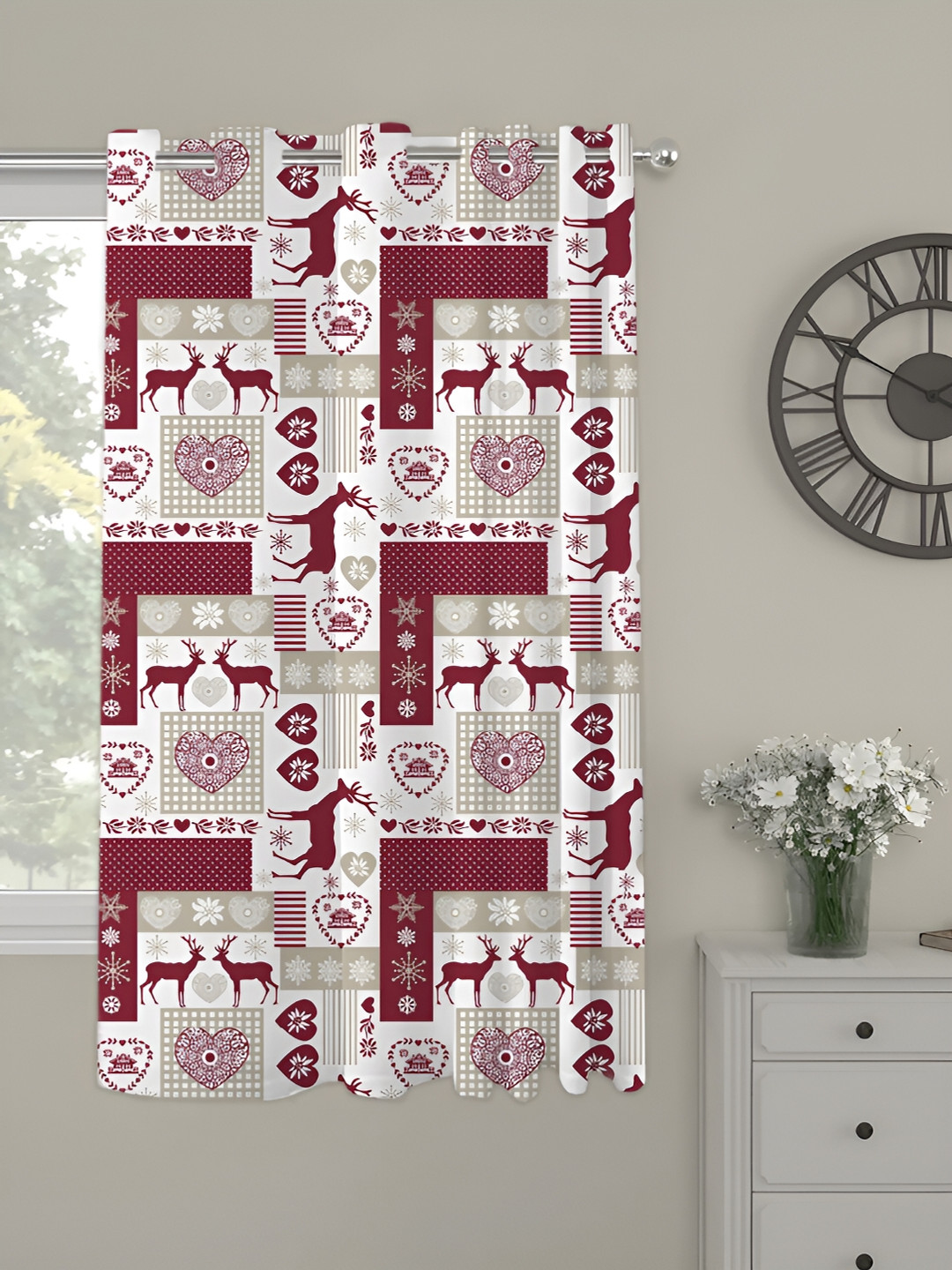 OASIS Red and White Printed Window Curtain