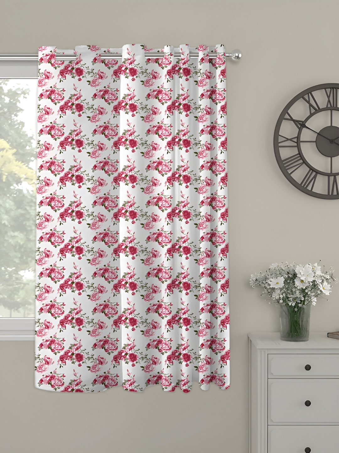 OASIS Red and White Floral Printed Window Curtain