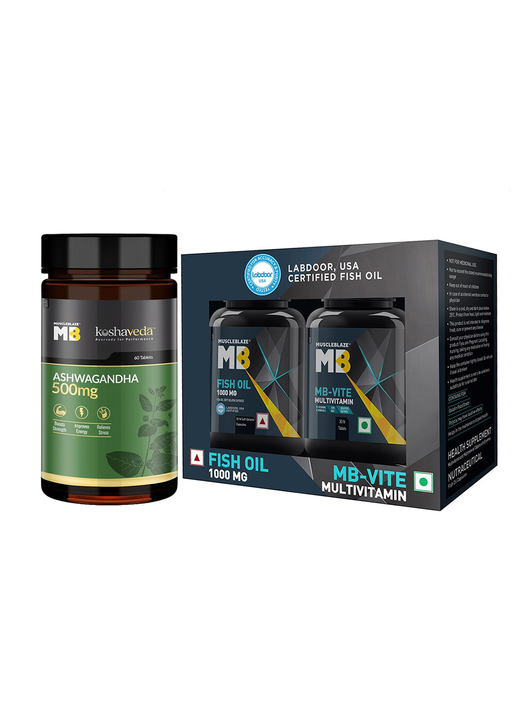 MuscleBlaze Koshaveda Ashwagandha 60 Tabs-MB-Vite Multivitamin 30 Tabs & Fish Oil Capsules