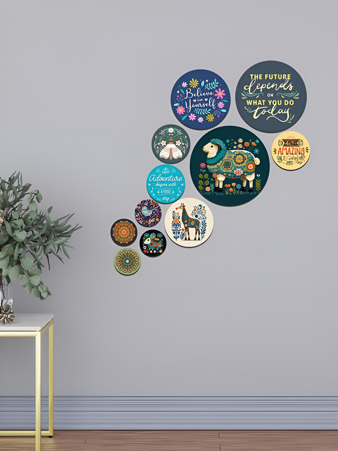 ArtVibes Eco-Friendly Wood Floral Glossy Sticking Hall 11Pcs Wall Hangings-25.6In