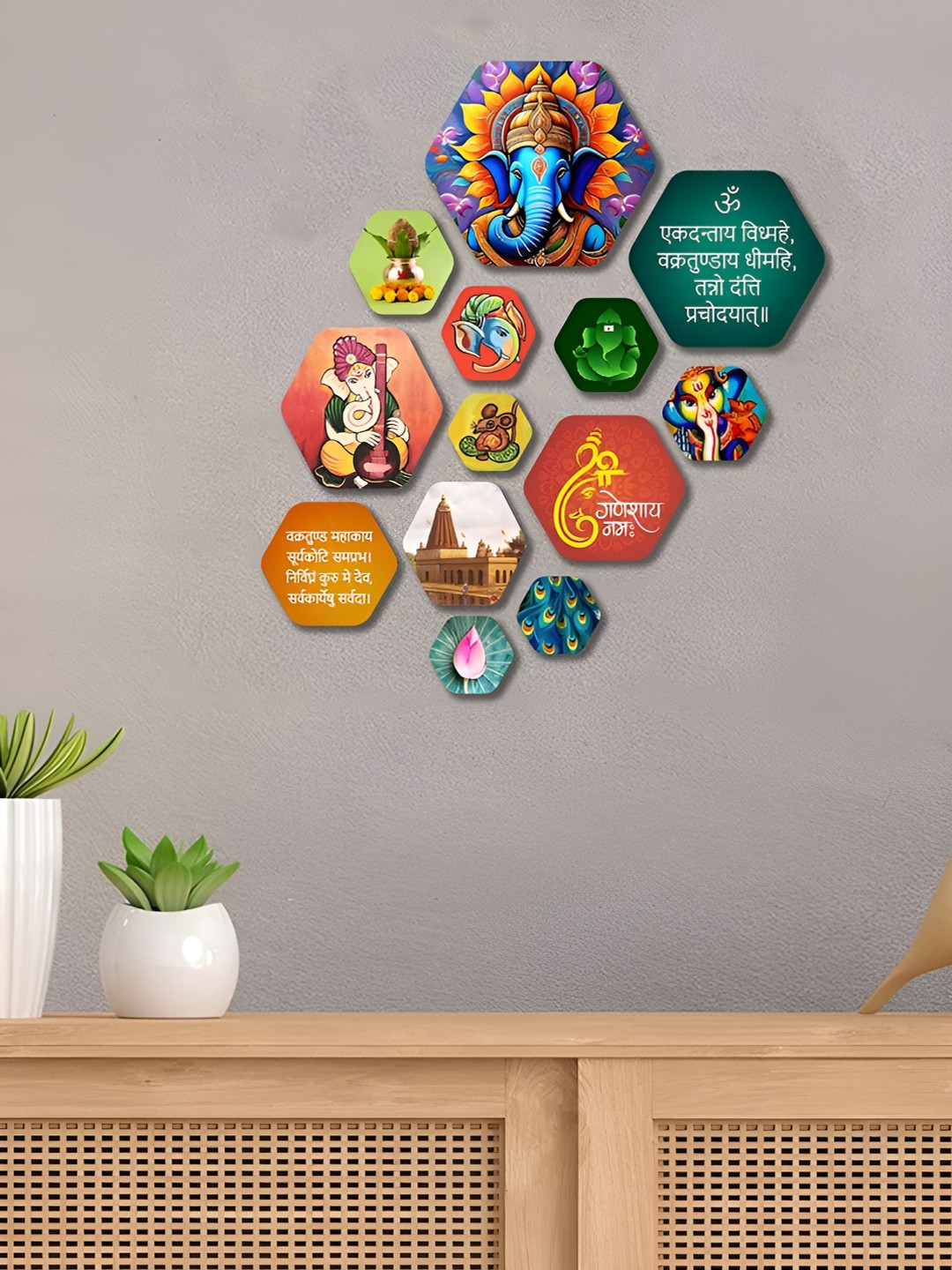 ArtVibes Eco-Friendly Wood Ethnic Motifs Glossy Sticking 13Pcs Spiritual Wall Decor-25.6In