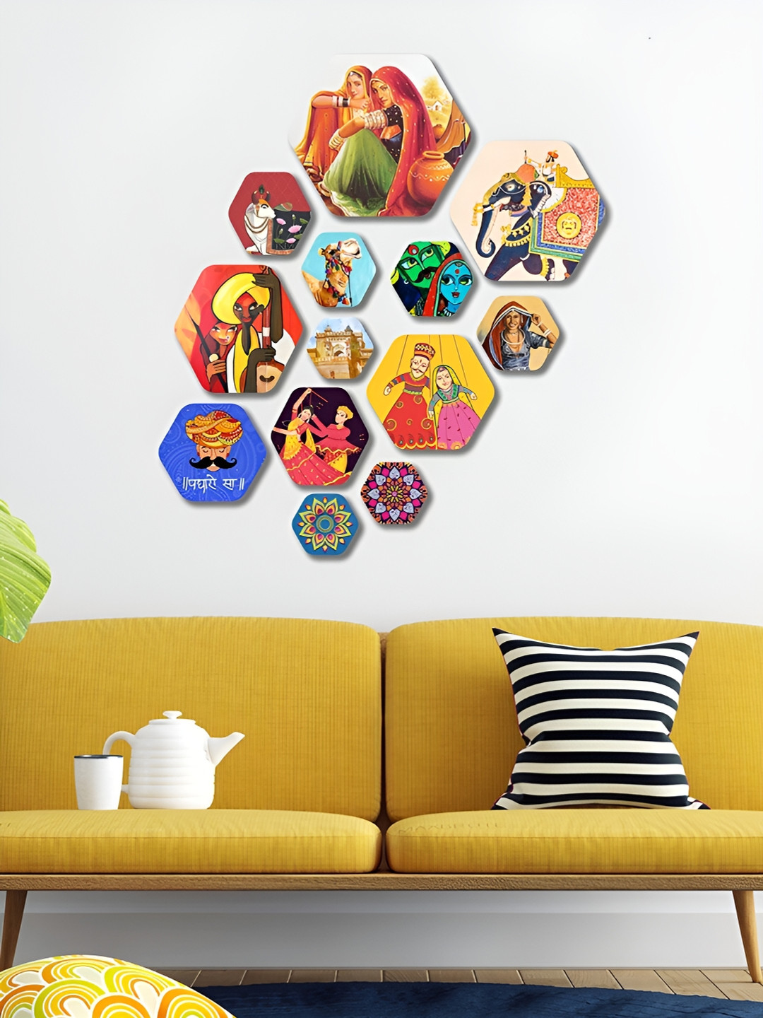 ArtVibes Decoration Wood Ethnic Motifs Glossy Sticking Hall 13Pcs Wall Hangings-7In