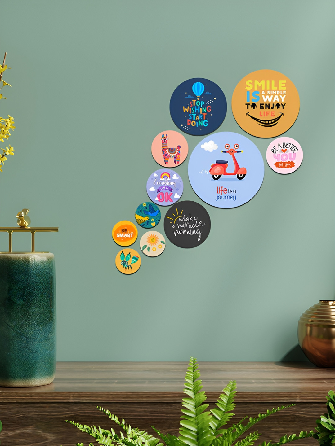 ArtVibes Decoration MDF Floral Glossy Sticking Hall 11Pcs Wall Hangings-7.5In