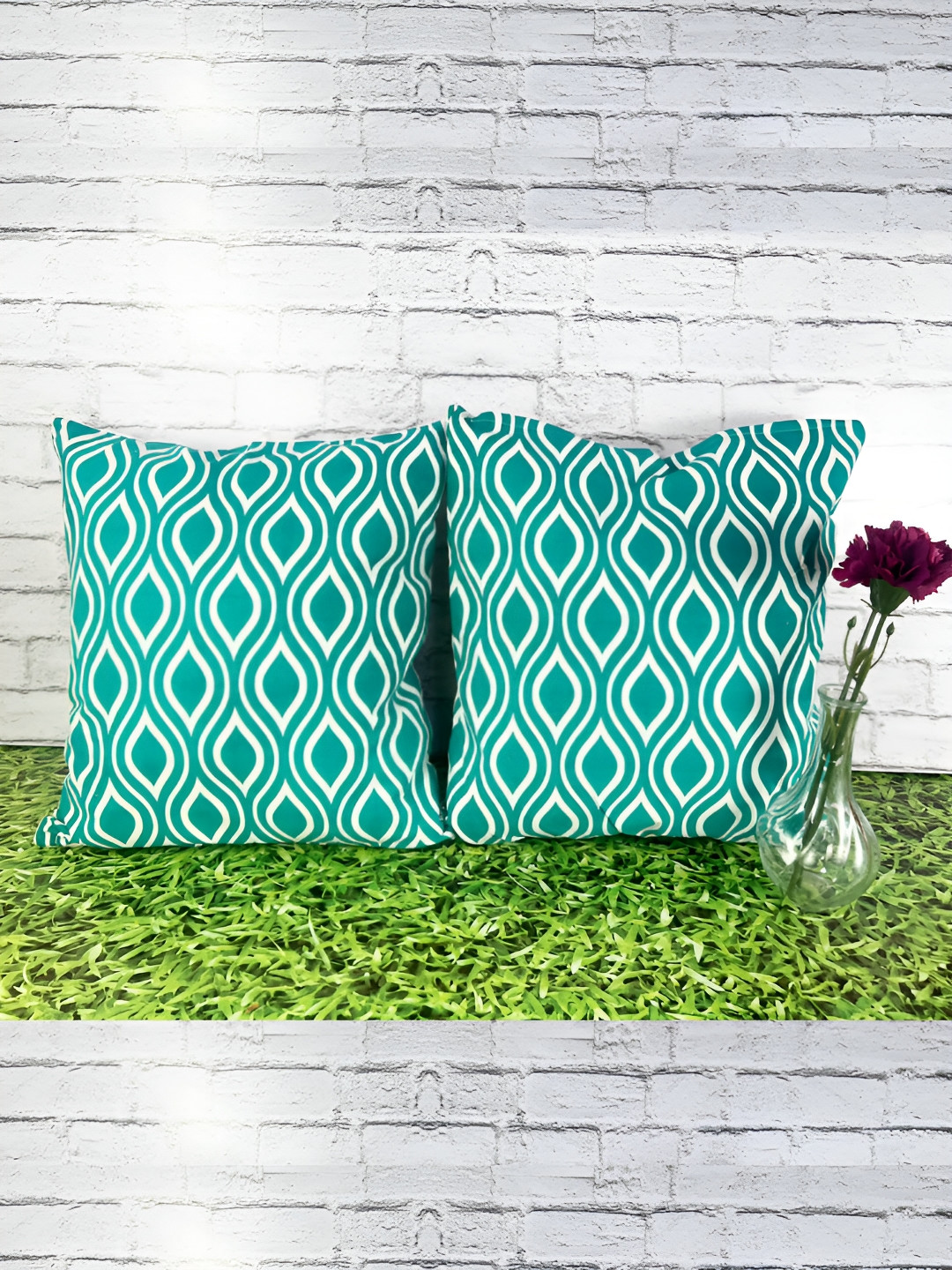 Pink Parrot Blue & White 2 Pieces Geometric Printed Square Cushion Covers