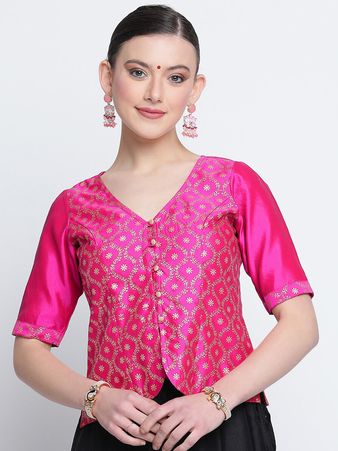 studio rasa V-Neck Floral Print Sheen Ethnic Top