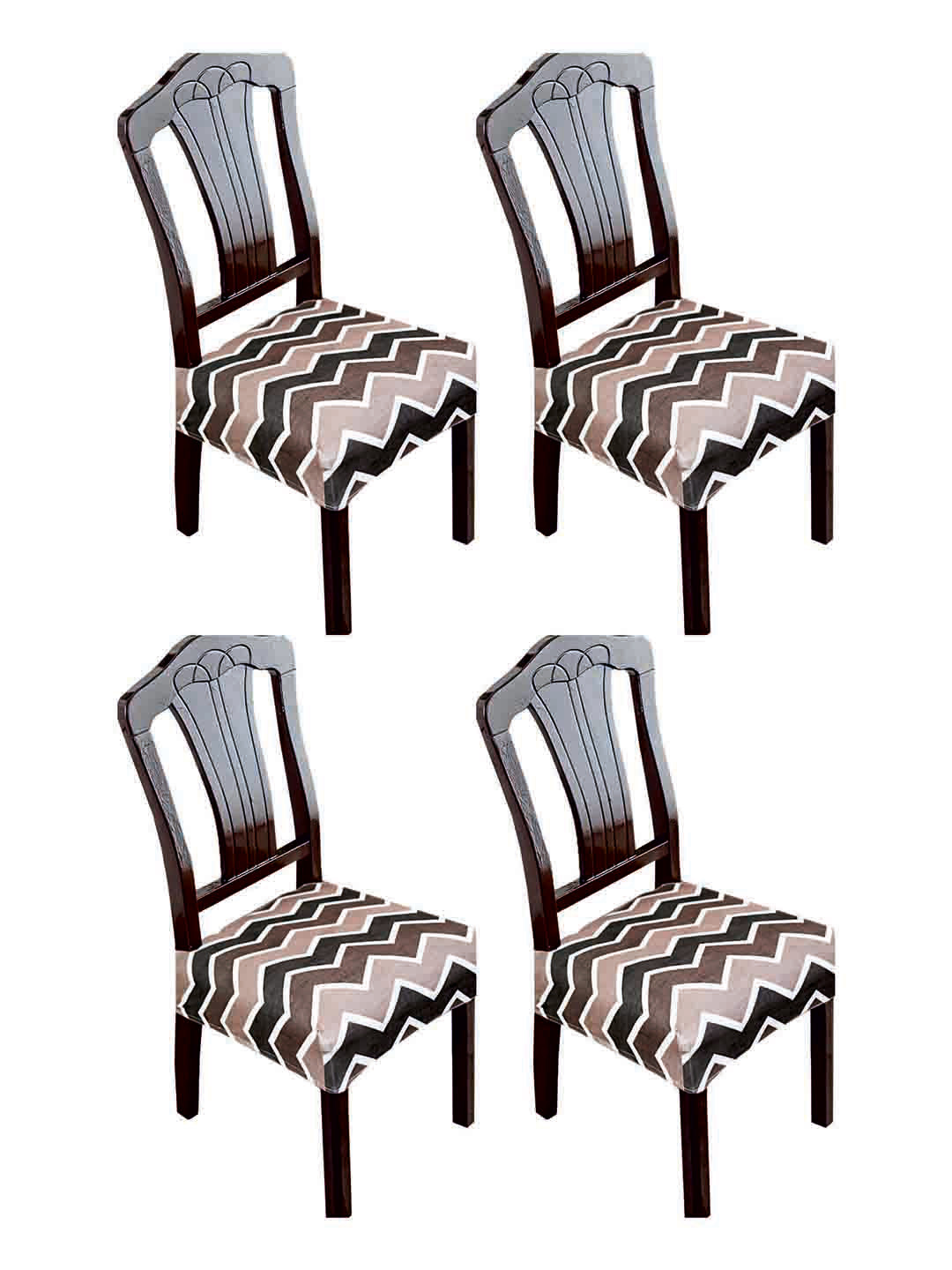 ohello 4 Pcs Brown Geometric Printed Elasticated Fitted Polyester Chair Seat Covers