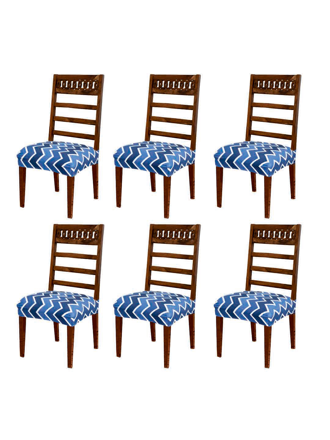 ohello 6 Pcs Blue & White Geometric Printed Elasticated Fitted Polyester Chair Seat Covers