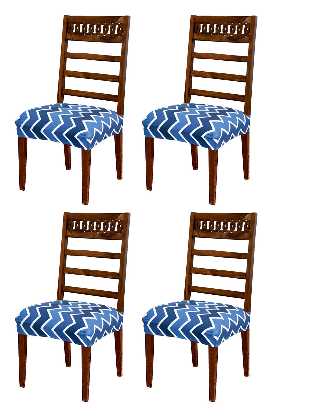 ohello 4 Pcs Blue & White Geometric Printed Elasticated Fitted Polyester Chair Seat Covers