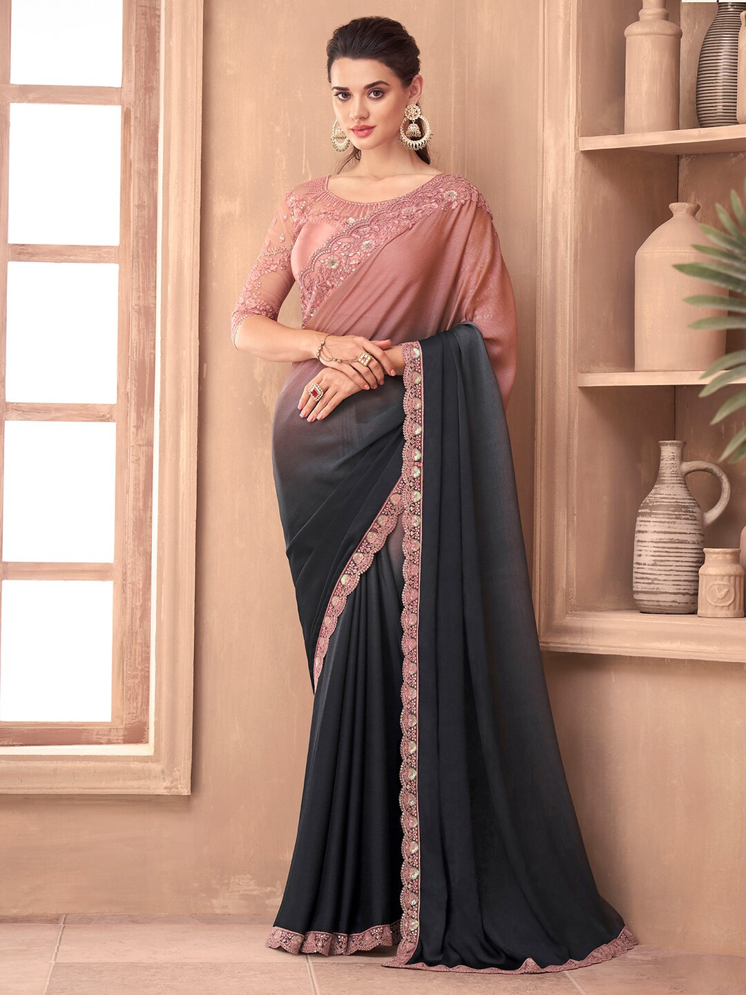 Embellished Ombre Embroidered Poly Georgette Saree