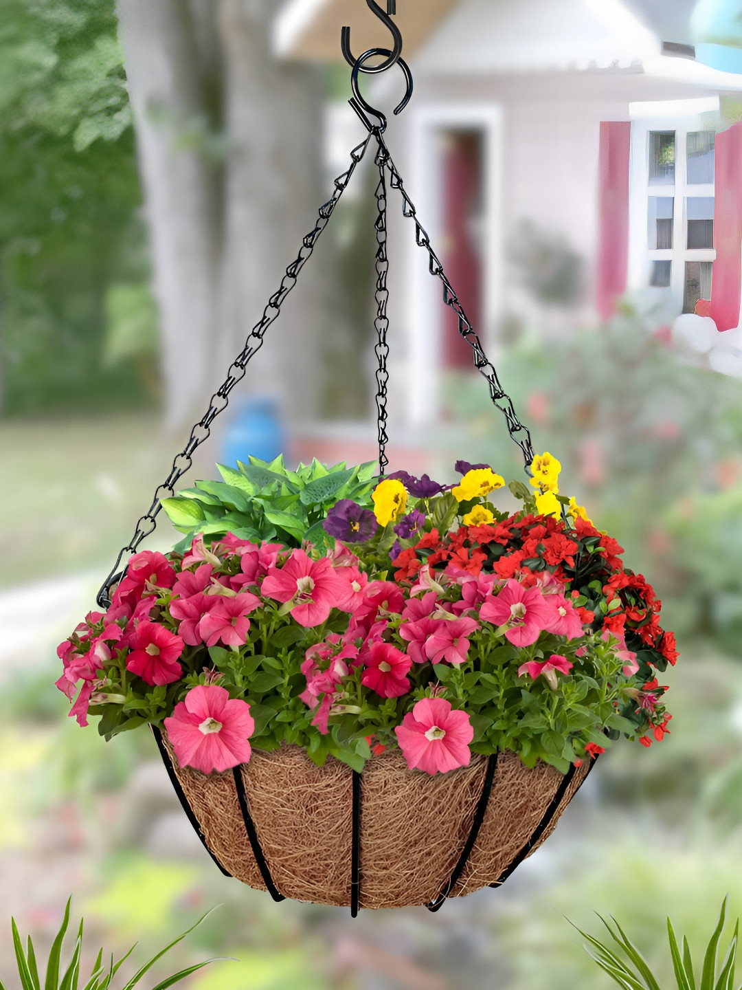 Garden Deco Brown & Black 2 Pieces Textured Planters With Coco Liner & Chain