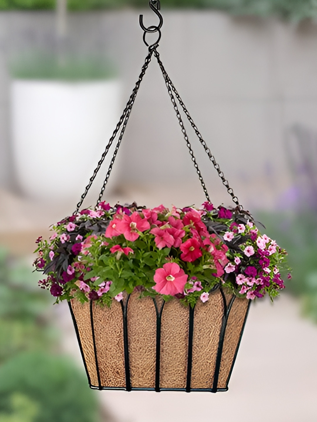 Garden Deco Black & Brown 2 Pieces Textured Hanging Basket With Chain & Coco Liner