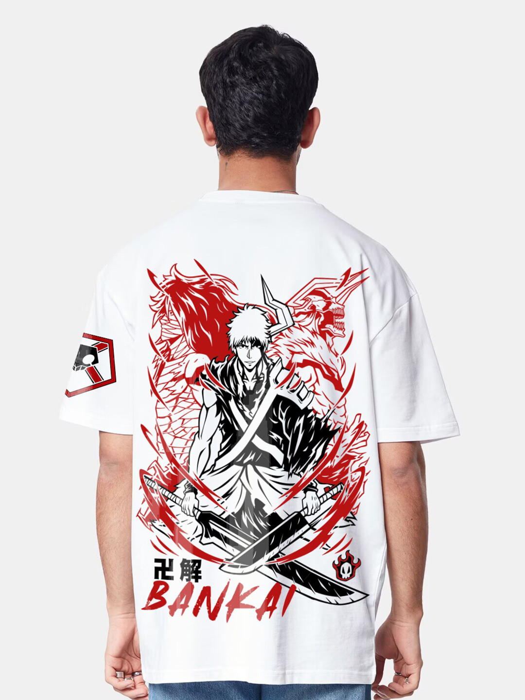 Crazymonk Bleach Ichigo True Bankai Drop-Shoulder Sleeves Cotton Anime Oversized T-Shirt