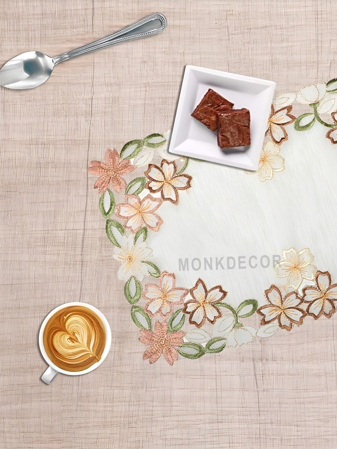 TANLOOMS White & Brown 6 Pieces Floral Embroidered Table Placemats