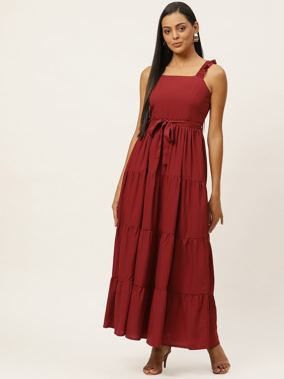 U&F Maroon Shoulder Straps Belted Tiered Maxi Dress
