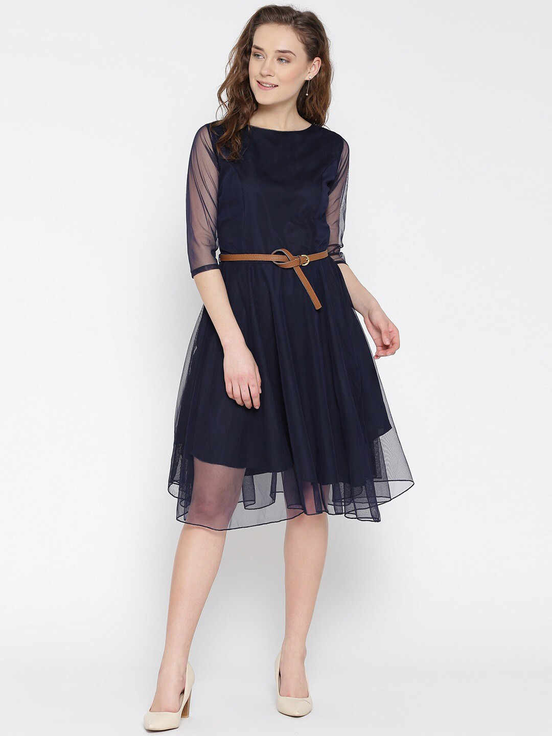 U&F Navy Blue Boat Neck Belted Net Fit & Flare Dress