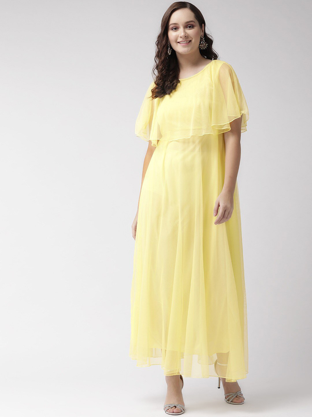 U&F Yellow Cape Sleeve Layered Net Maxi Dress