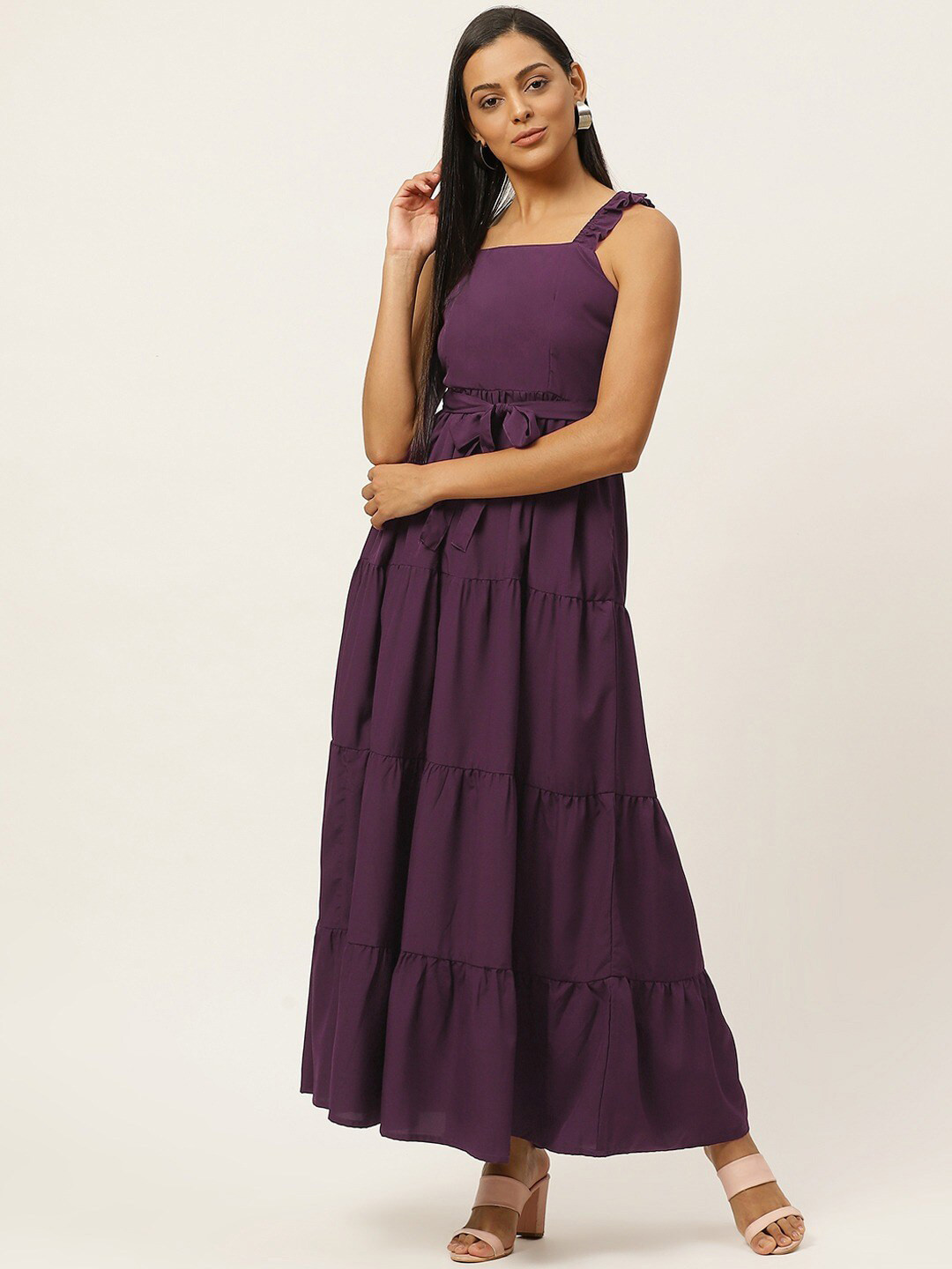 U&F Purple Shoulder Straps Belted Tiered Maxi Dress
