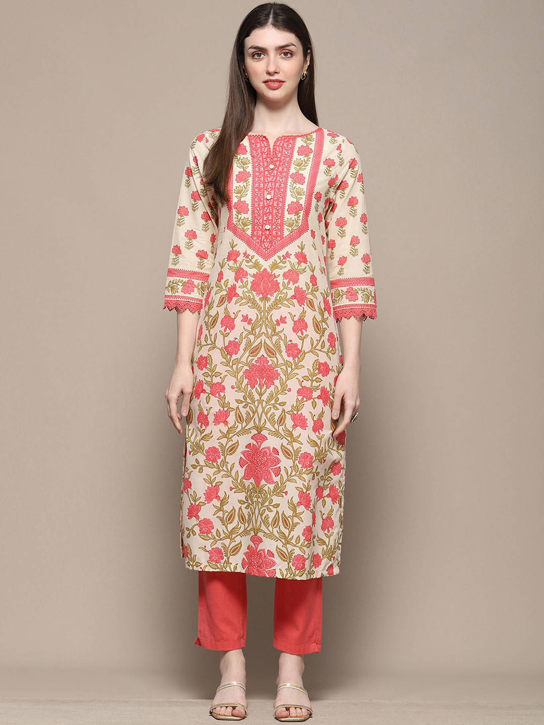 Biba Floral Printed  Pure Cotton Sequined Lace Straight Kurta