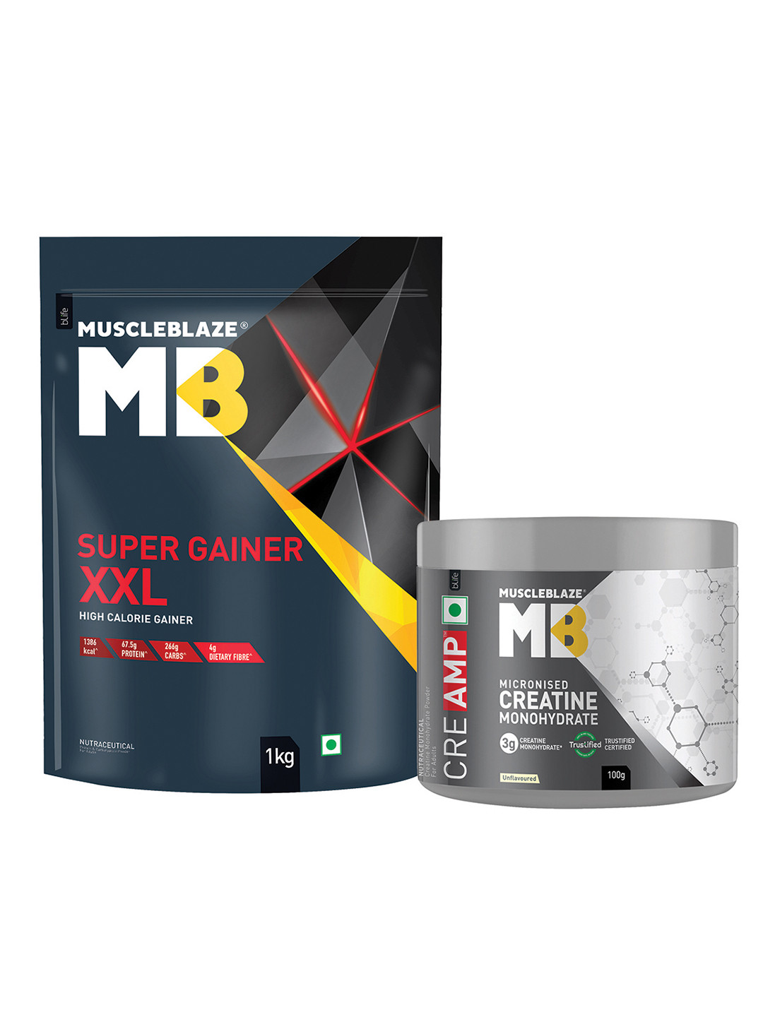 MuscleBlaze Set of Chocolate Super Gainer XXL - 1Kg & Creatine Monohydrate Powder - 100g