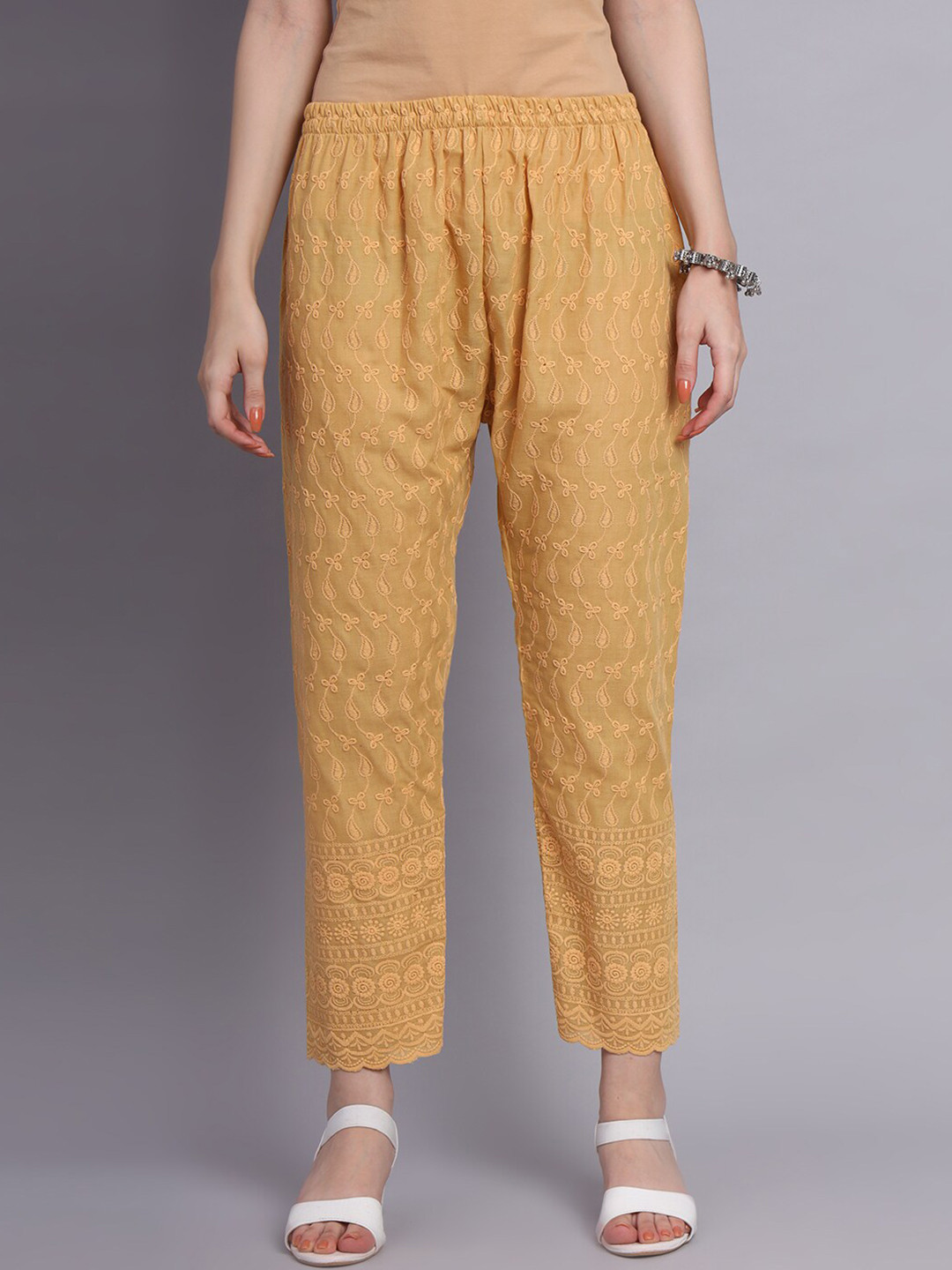 KALINI Floral Embroidered Chikankari Cotton Palazzo