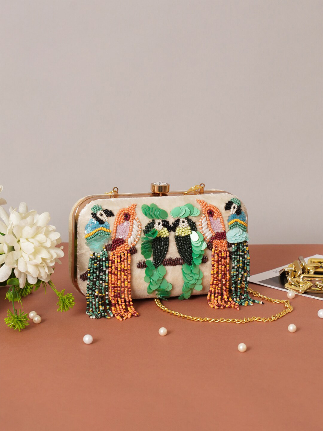 FABBHUE Embroidered Tasselled Box Clutch