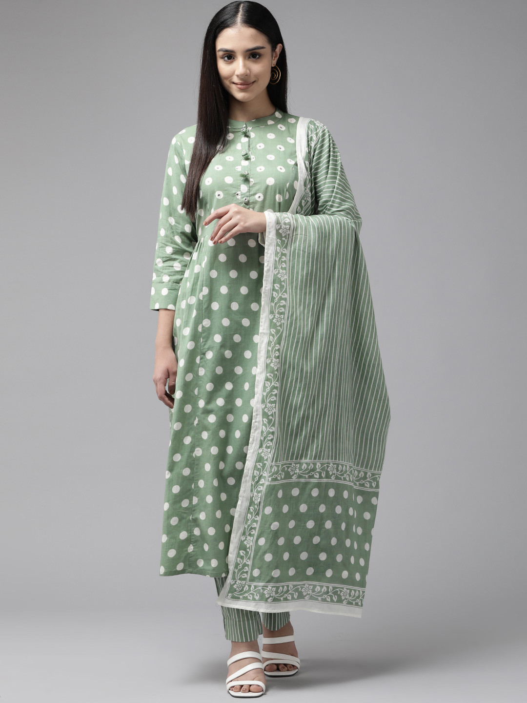 Cayman Women Printed Mirror Work Pure Cotton Kurta with Trousers & With Dupatta
