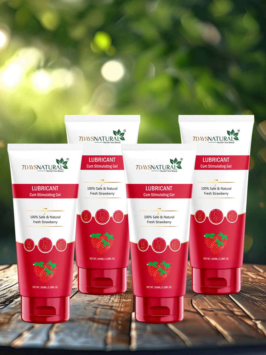 7DAYSNATURAL Set of 4 Fresh Strawberry Water-Based Lubricant Cum Stimulating Gel - 100 ml each